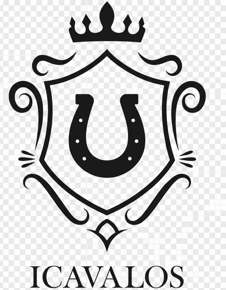 Black logo of a horseshoe on a shield with a crown, featuring the brand 'ICAVALOS'.